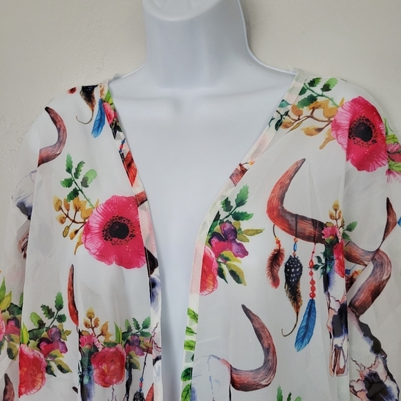 White Chiffon Kimono Oversized S/M Colorful Floral Boho Bull Skull Western Girly - Picture 2 of 7